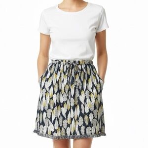 Skies Are Blue Skirt Navy with Feather Print Fringe Hem & Pockets Women’s Small